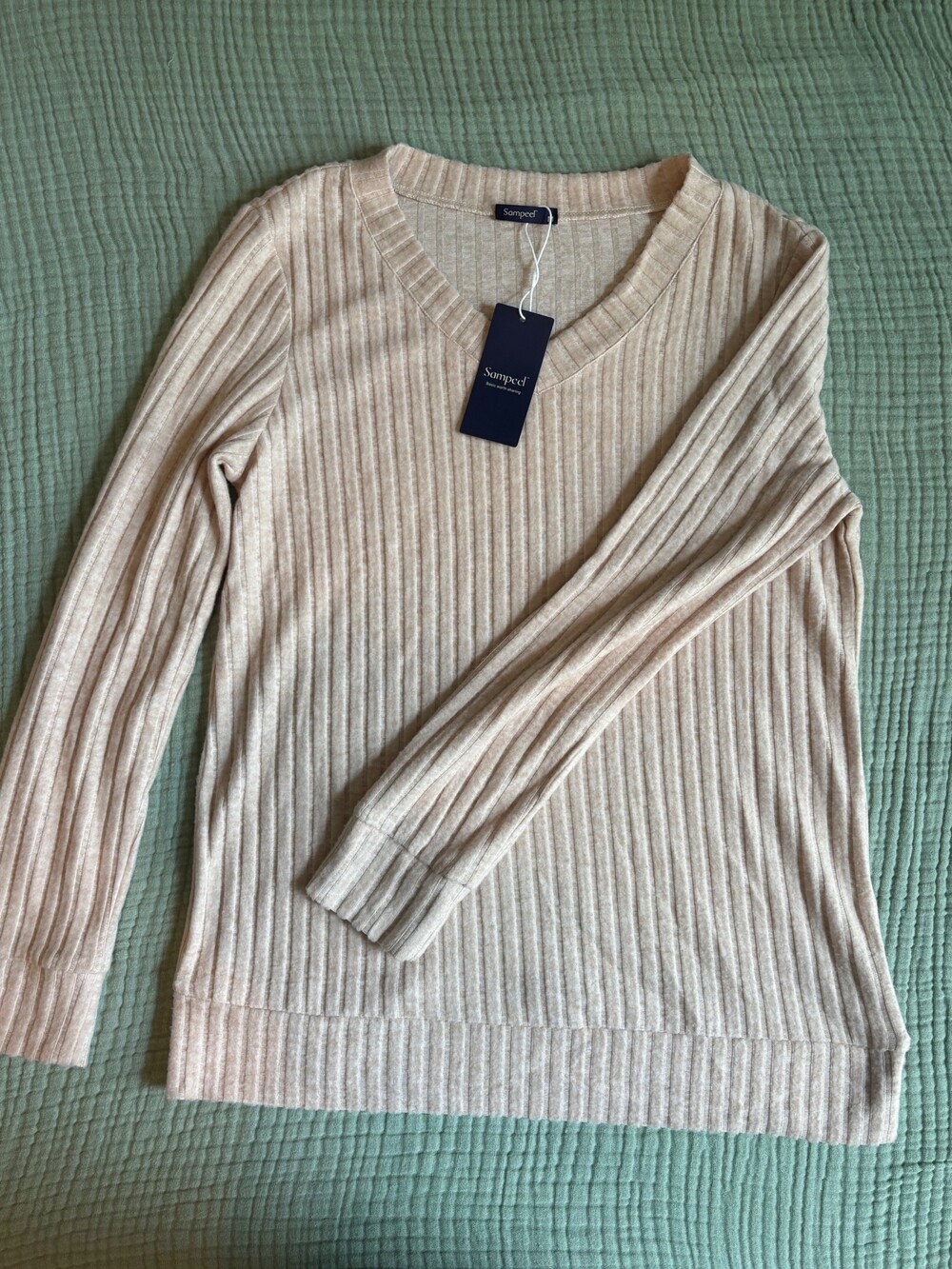 Sampeel Ribbed V-neck Sweater Size M Light Beige Long Sleeve